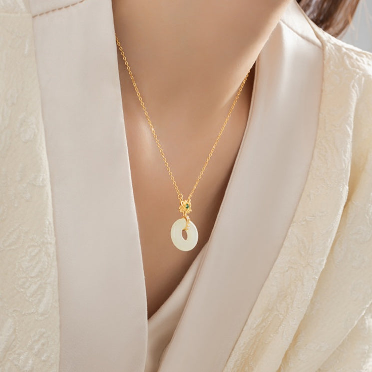 Lotus Nephrite Jade Peace Disc Necklace-Purity and Grace