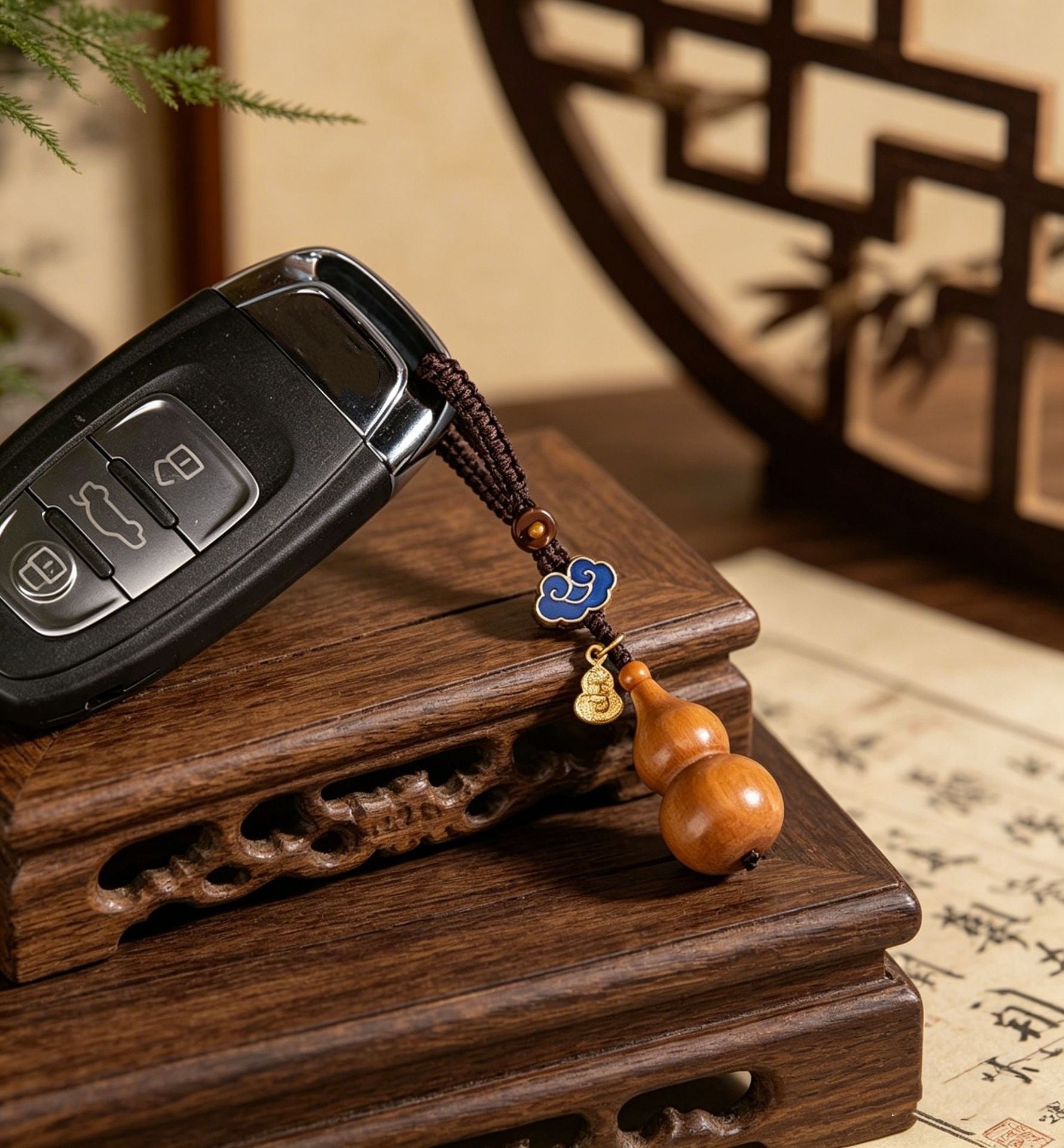 Sandalwood Gourd Lucky Charm Phone Strap-Cloisonné & 18K Gold Plated