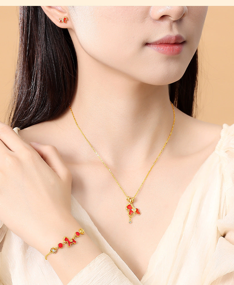 2026 Year of the Horse – Red Enamel “Wish You Wealth” Jewelry Set
