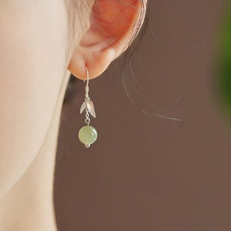 Bamboo Leaf Green Jade Drop Earrings – Gentle Harmony in 925 Sterling Silver