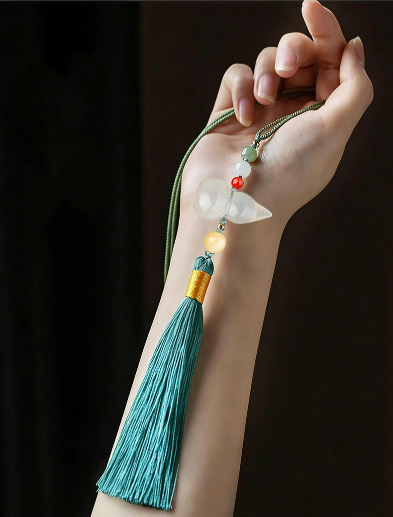 Safe Journey Blessing Gourd Spiritual Car Hanging Pendant-White Chalcedony & Hetian Jade