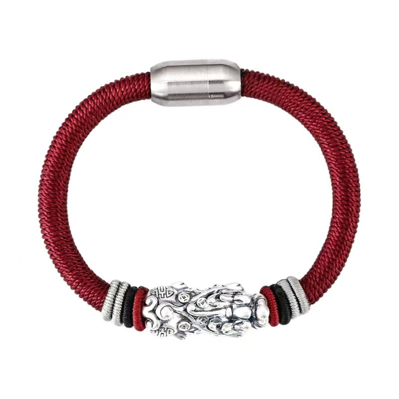 999 Silver Pixiu Handmade Rope Magnetic Clasp Bracelet-Attract Wealth