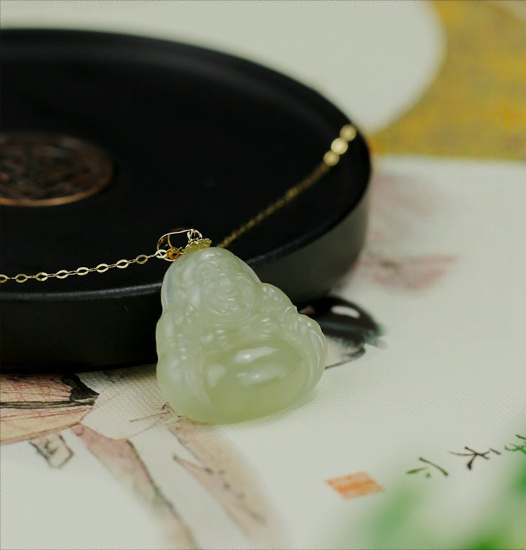 Laughing Buddha Peace & Abundance Hetian Jade Pendant Necklace