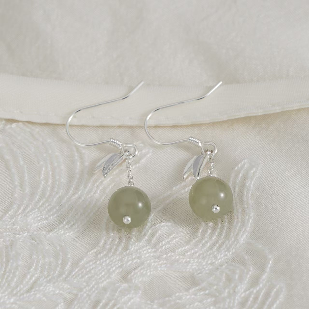 Bamboo Leaf Green Jade Drop Earrings – Gentle Harmony in 925 Sterling Silver