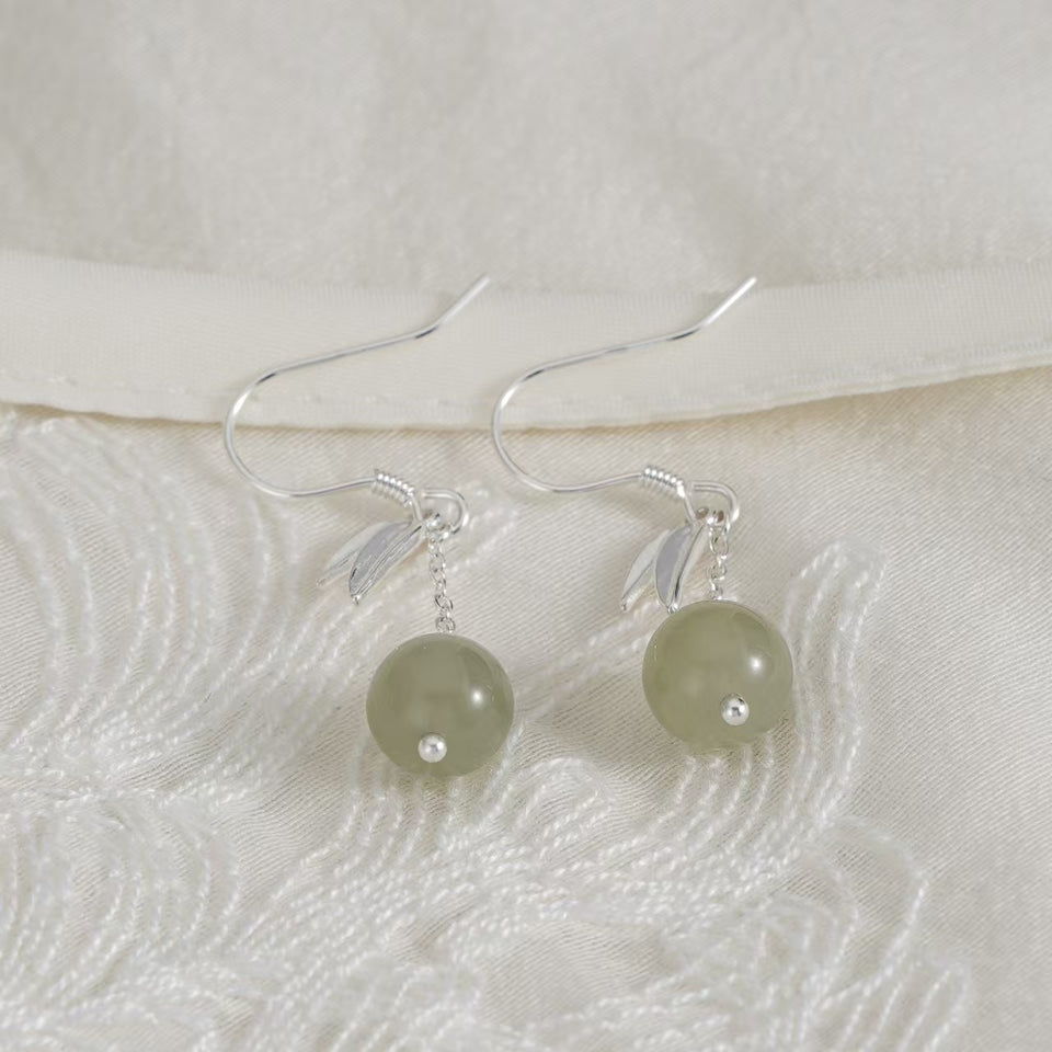 Bamboo Leaf Green Jade Drop Earrings – Gentle Harmony in 925 Sterling Silver