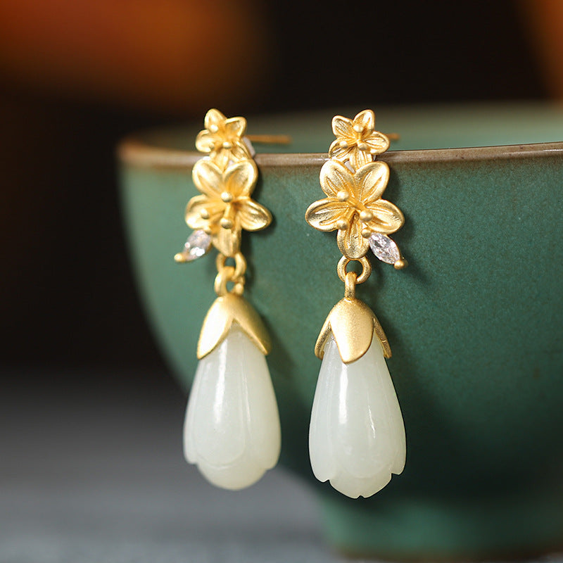 Purity in Bloom-Lotus Nephrite Jade Drop Earrings
