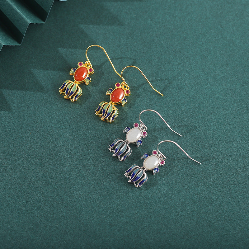 Koi Fish Nephrite Jade or Red Agate Drop Earrings-Wishes for Plenty