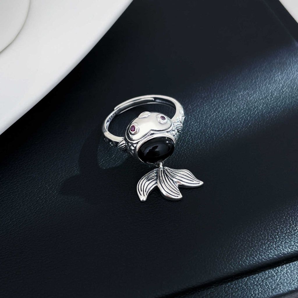 Carp Black Agate 925 Sterling Silver Ring-Auspicious Abundance