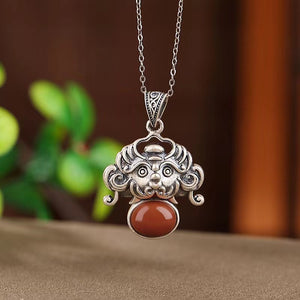 Zodiac Dragon Red Agate Silver Necklace-Luck Prosperity