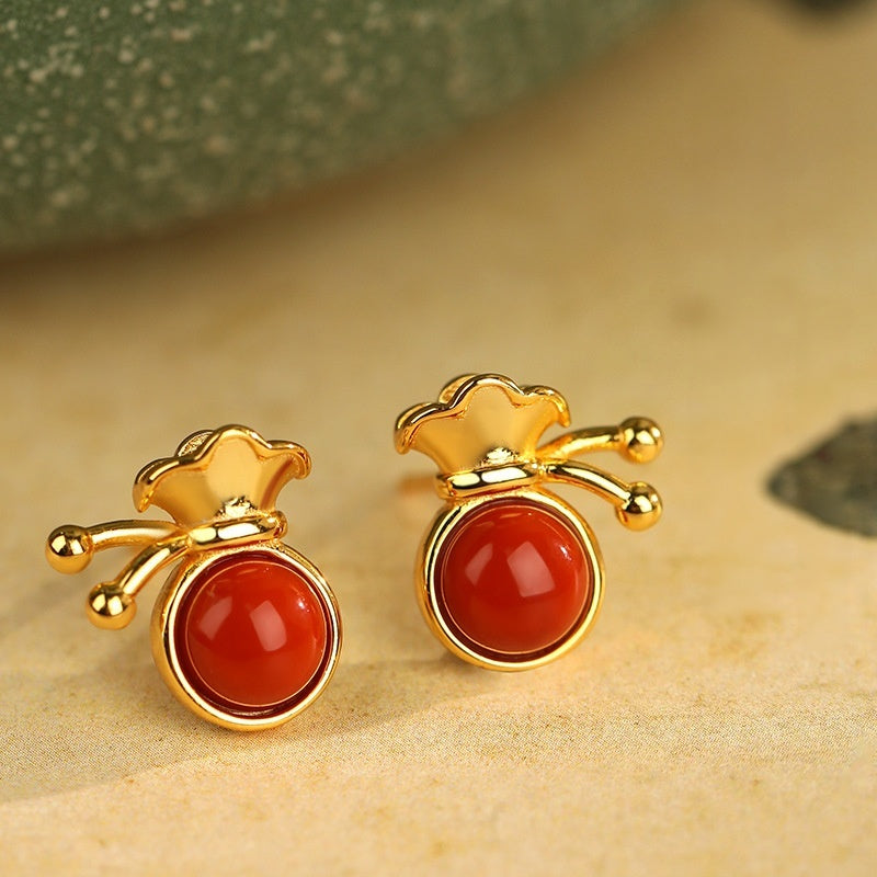 Fortune Bag Red Agate Stud Earrings-Little Wishes to Keep