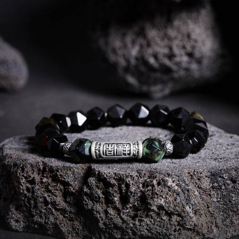 Blessings and Harmony-999 Fine Silver Auspicious Words Rhombus Obsidian Beaded Bracelet