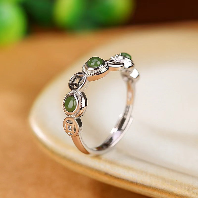 Money Coin Green Jade Silver Ring-Luck Prosperity