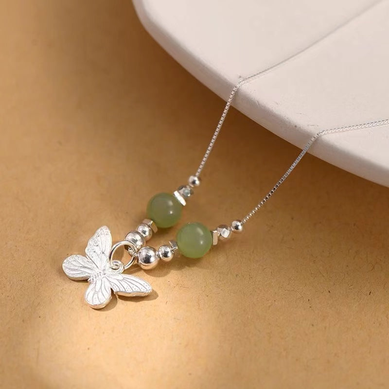 Butterfly Jade Beads Silver Necklace -Transformation and Prosperity