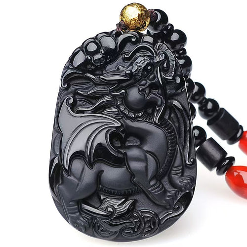 Black Obsidian “Flying Pixiu” Pendant – Hand-Carved Guardian of Wealth & Power