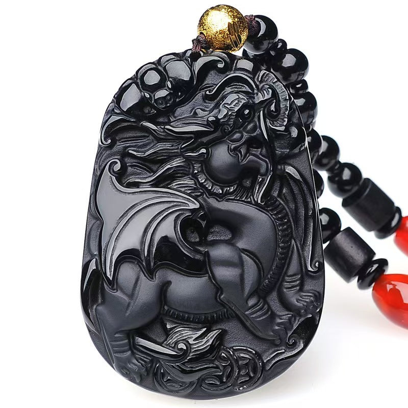 Black Obsidian “Flying Pixiu” Pendant – Hand-Carved Guardian of Wealth & Power