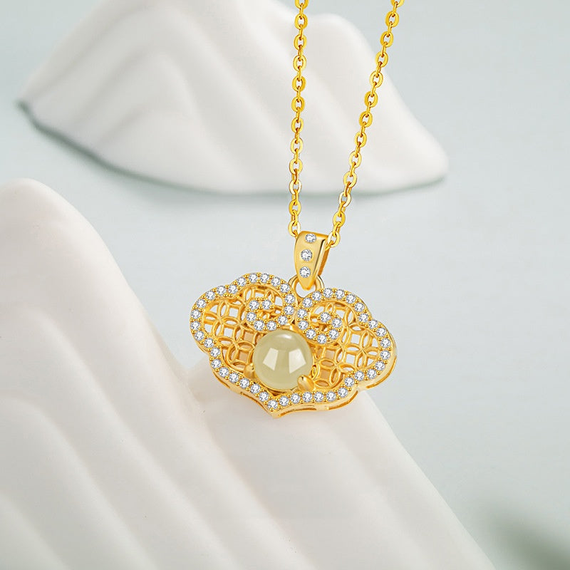 Ruyi Cloud Nephrite Jade Peace Lock Necklace-Happiness and Wellbeing