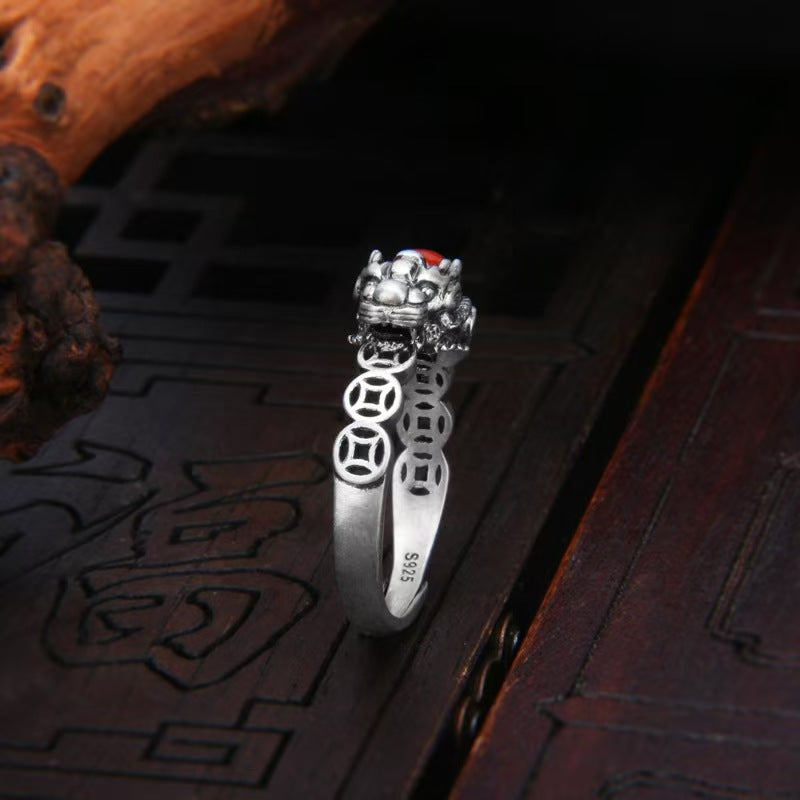 Silver Pixiu Red Agate Ring-Attract Luck