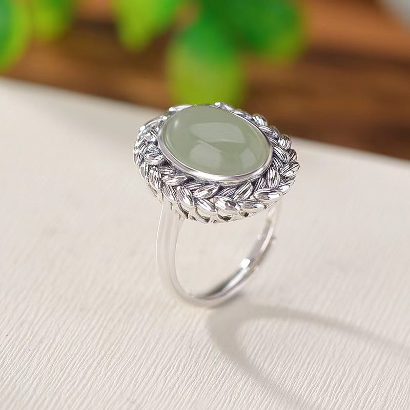 Hetian Jade Wheat Engraved Milgrain Cabochon Ring-Prosperity Luck