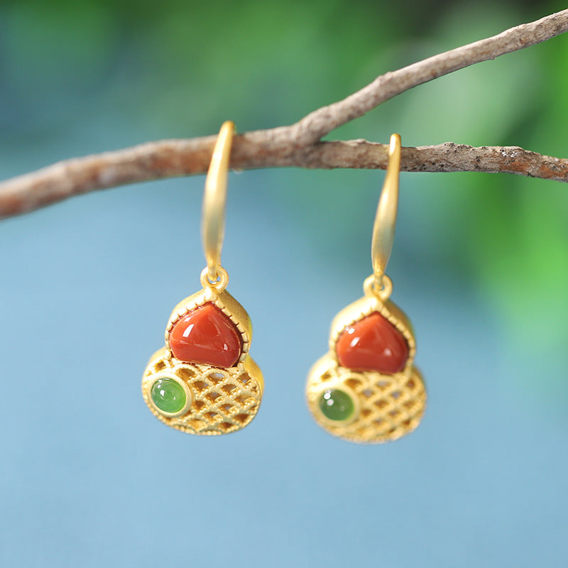 Gourd Red Agate  Drop Earrings-Wishes for Good Fortune