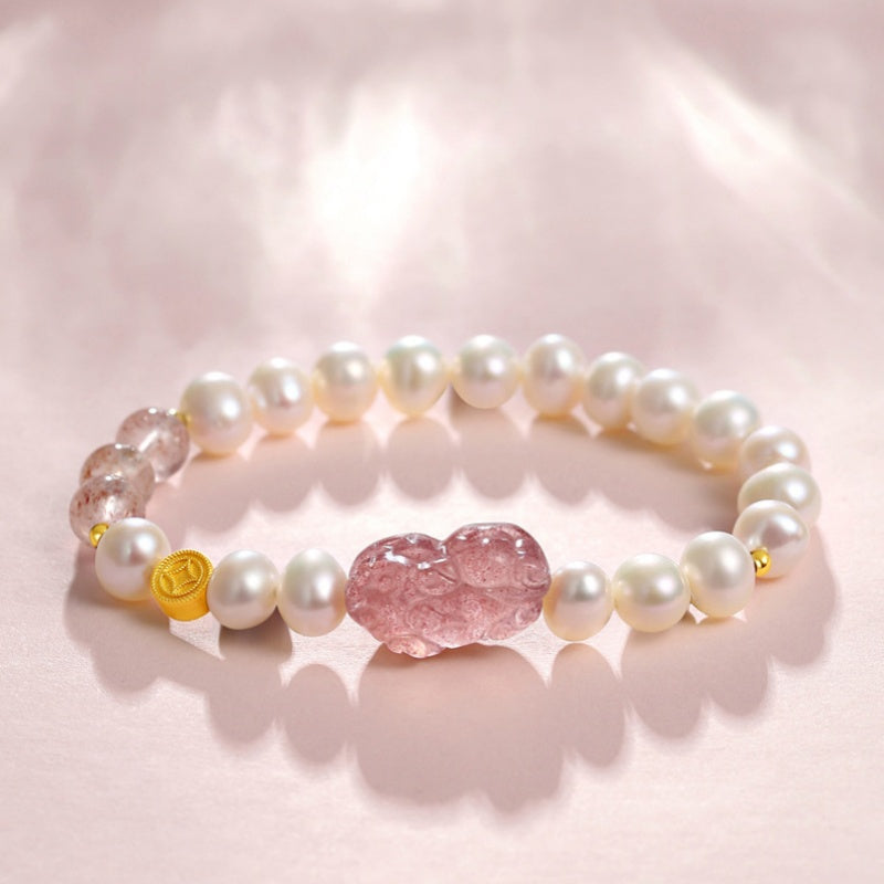 Love & Possibility-Pixiu Strawberry Quartz & Freshwater Pearl Bracelet