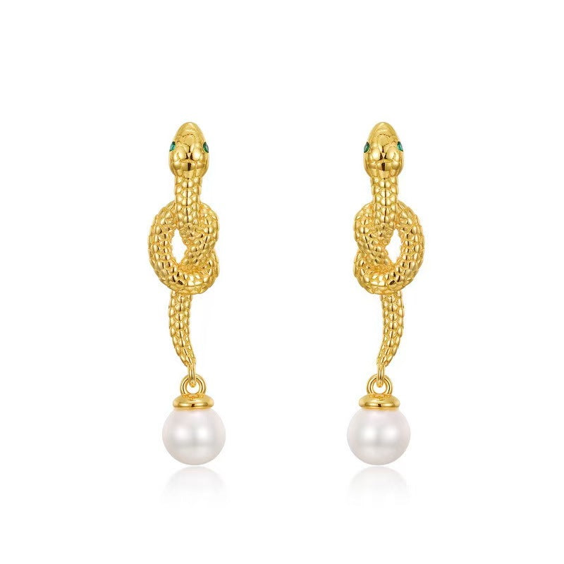 Gold Snake Pearl Bead Stud Earring-Transformation and Renewal