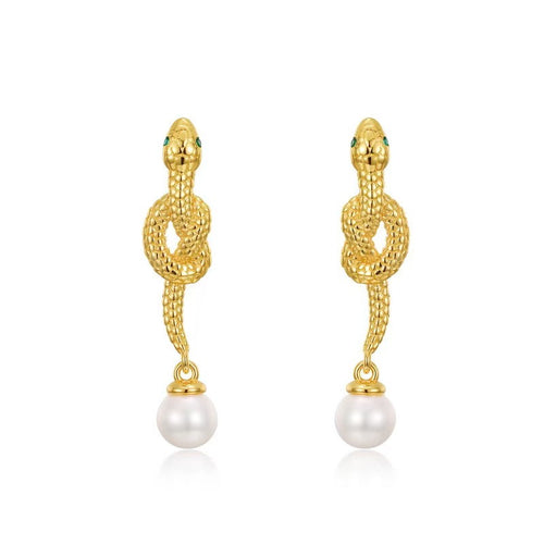 Gold Snake Pearl Bead Stud Earring-Transformation and Renewal