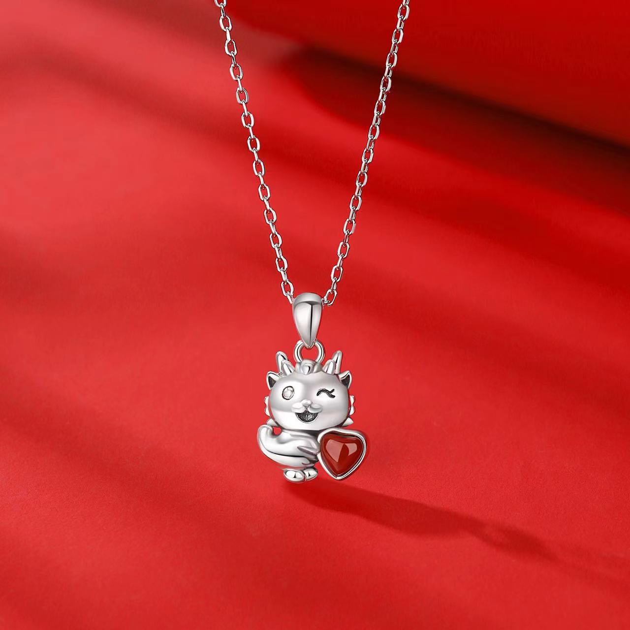 Lucky Dragon Agate Silver Necklace-Fortune Prosperity