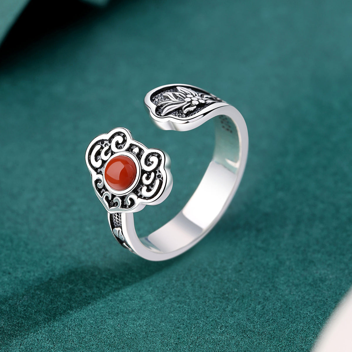 Graceful Auspicious Cloud-Lotus Inlaid Red Agate Silver Ring