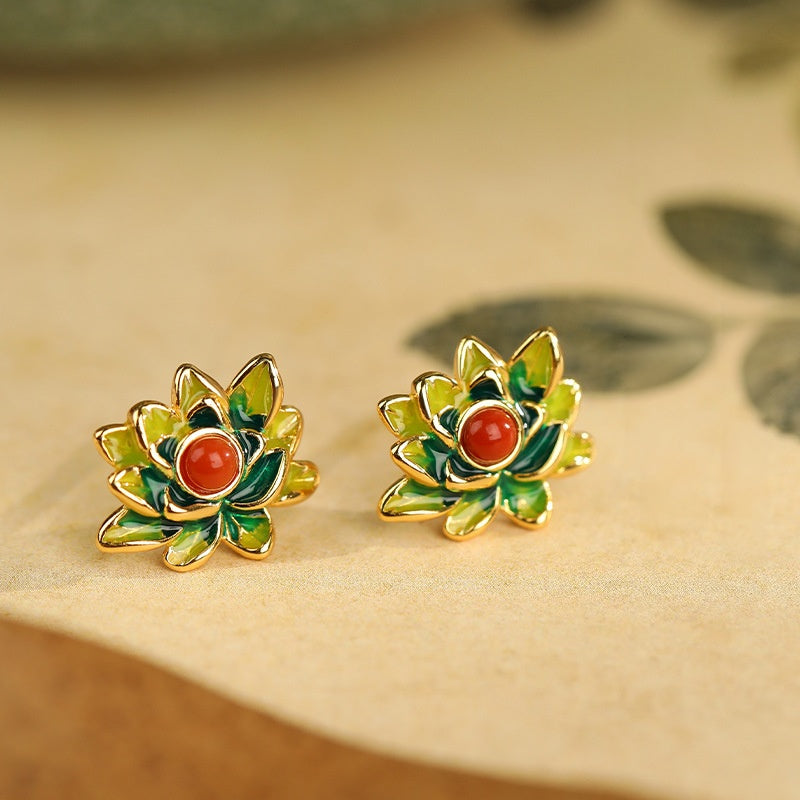 Lotus Red Agate Stud Earrings-A Quiet Unfolding