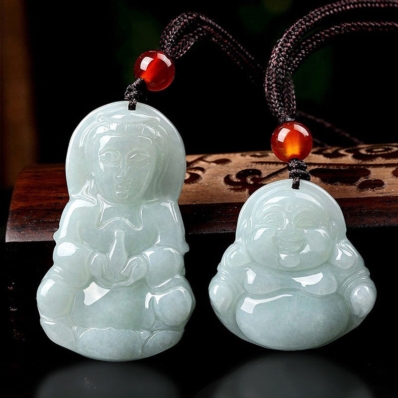 Harmony Protection Guan Yin & Laughing Buddha Jade Pendant Set