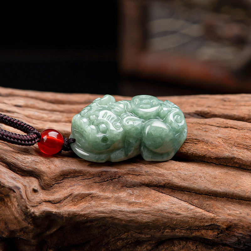 Natural Grade A Jadeite Pixiu Necklace-Hand Carved Wealth and Protection