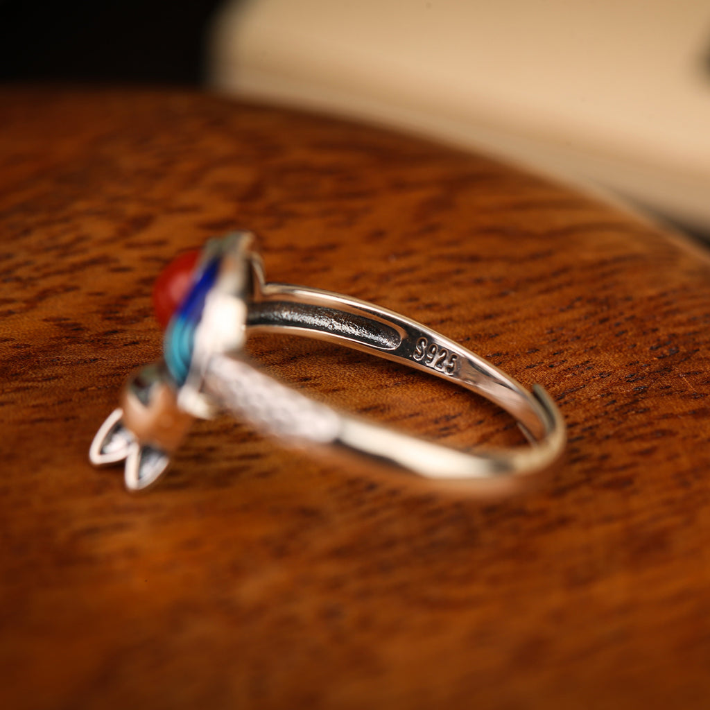 Playful Spirit-Fox Blue Enamel & Nanhong Agate Silver Ring