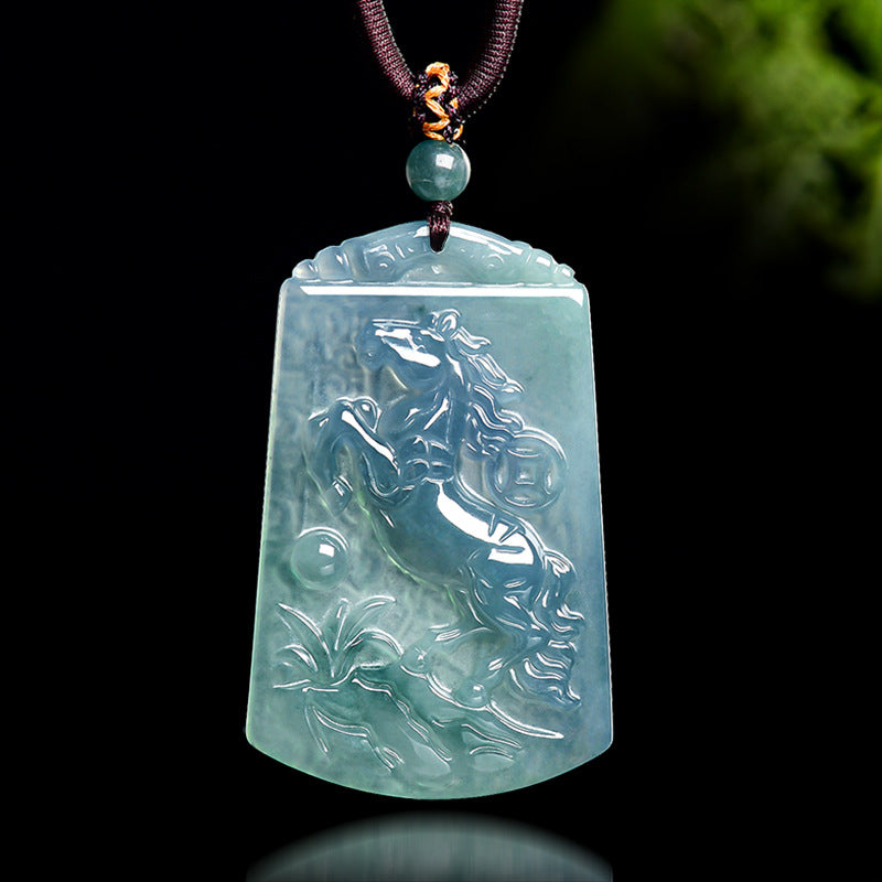 The Galloping Spirit of Success Horse Jade Pendant-Natural Blue Water Jadeite