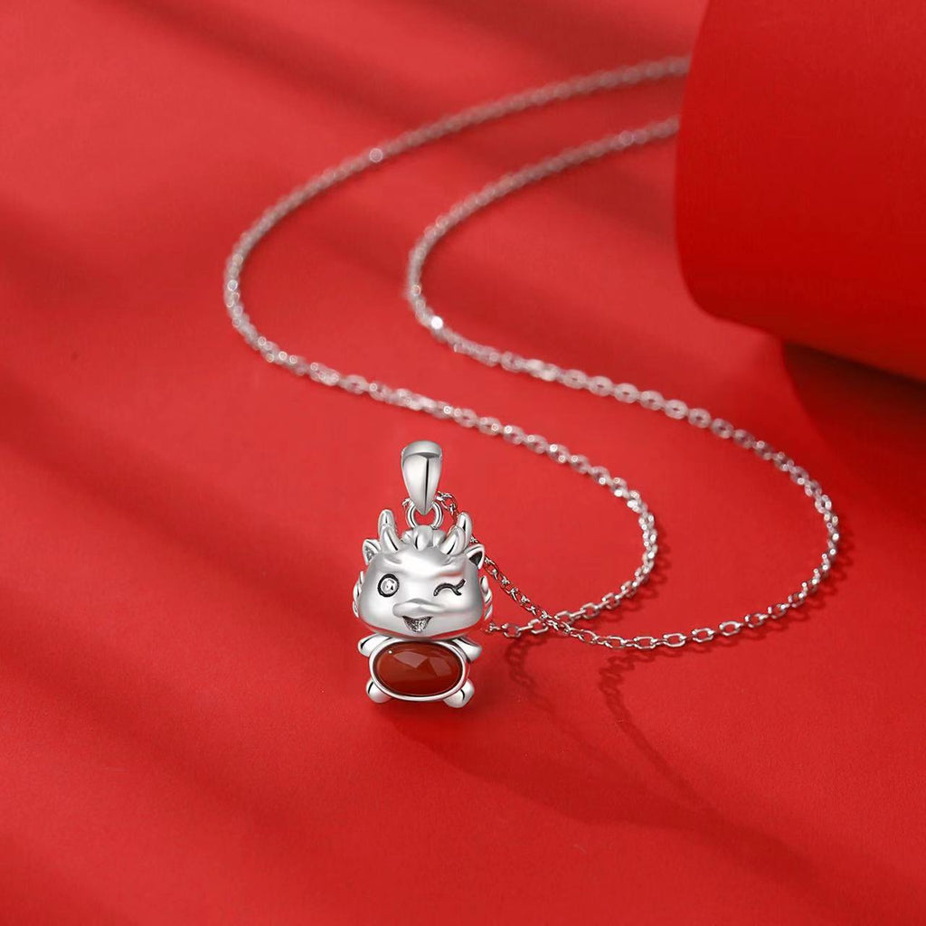 Cute Dragon Agate Silver Necklace-Fortune Prosperity