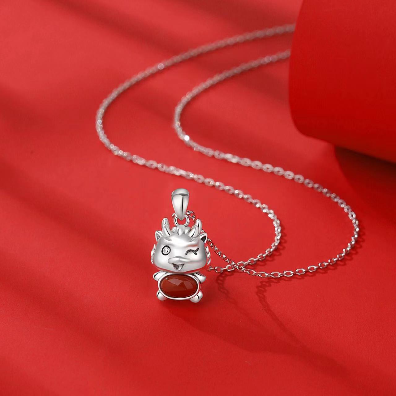 Cute Dragon Agate Silver Necklace-Fortune Prosperity