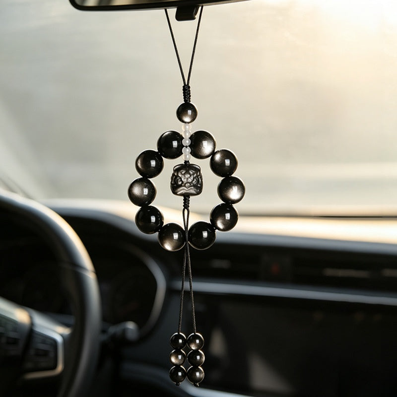Silver Obsidian Lion Dance Car Charm-Safe Travels