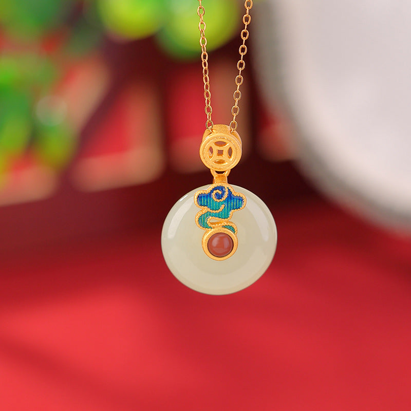 Fortune in the Clouds-White Nephrite Jade Coin Pendant Necklace