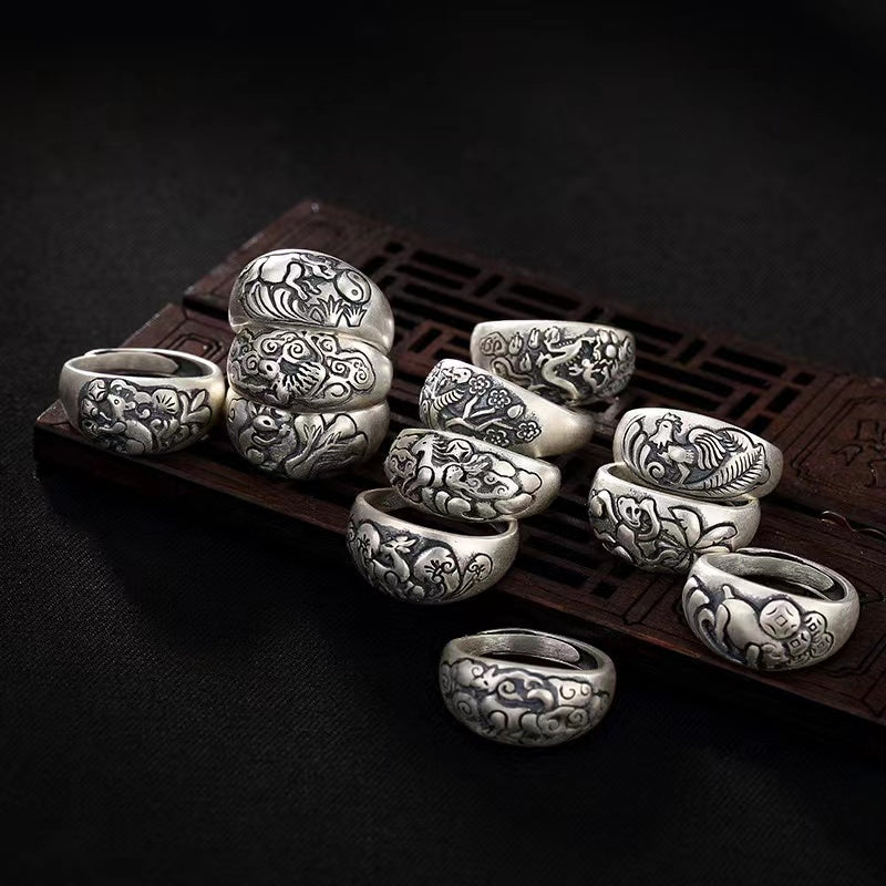 990 Pure Silver 12 Chinese Zodiac Ring-Good Luck Protection
