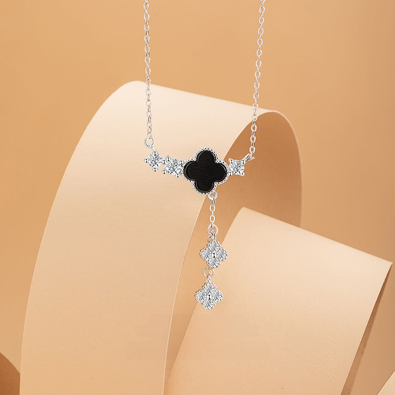 Clover Black Agate Tassel Necklace-A Sincere Heart