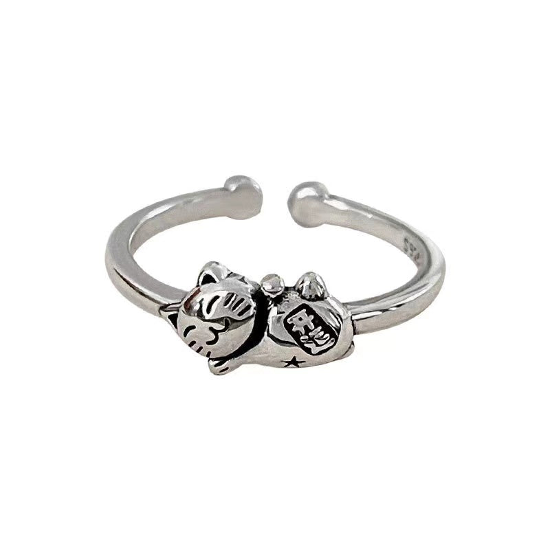 Maneki Neko Cat Silver Ring-Good Fortune and Luck