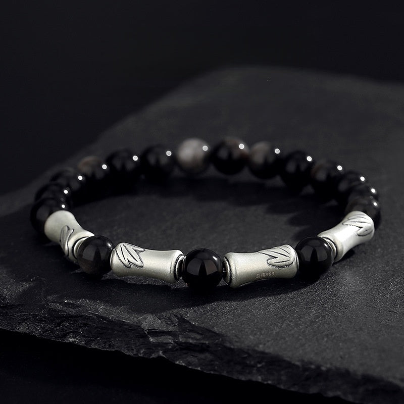 999 Sterling Silver Bamboo Bracelet – Black Obsidian Men’s Bracelet for Success & Steady Growth