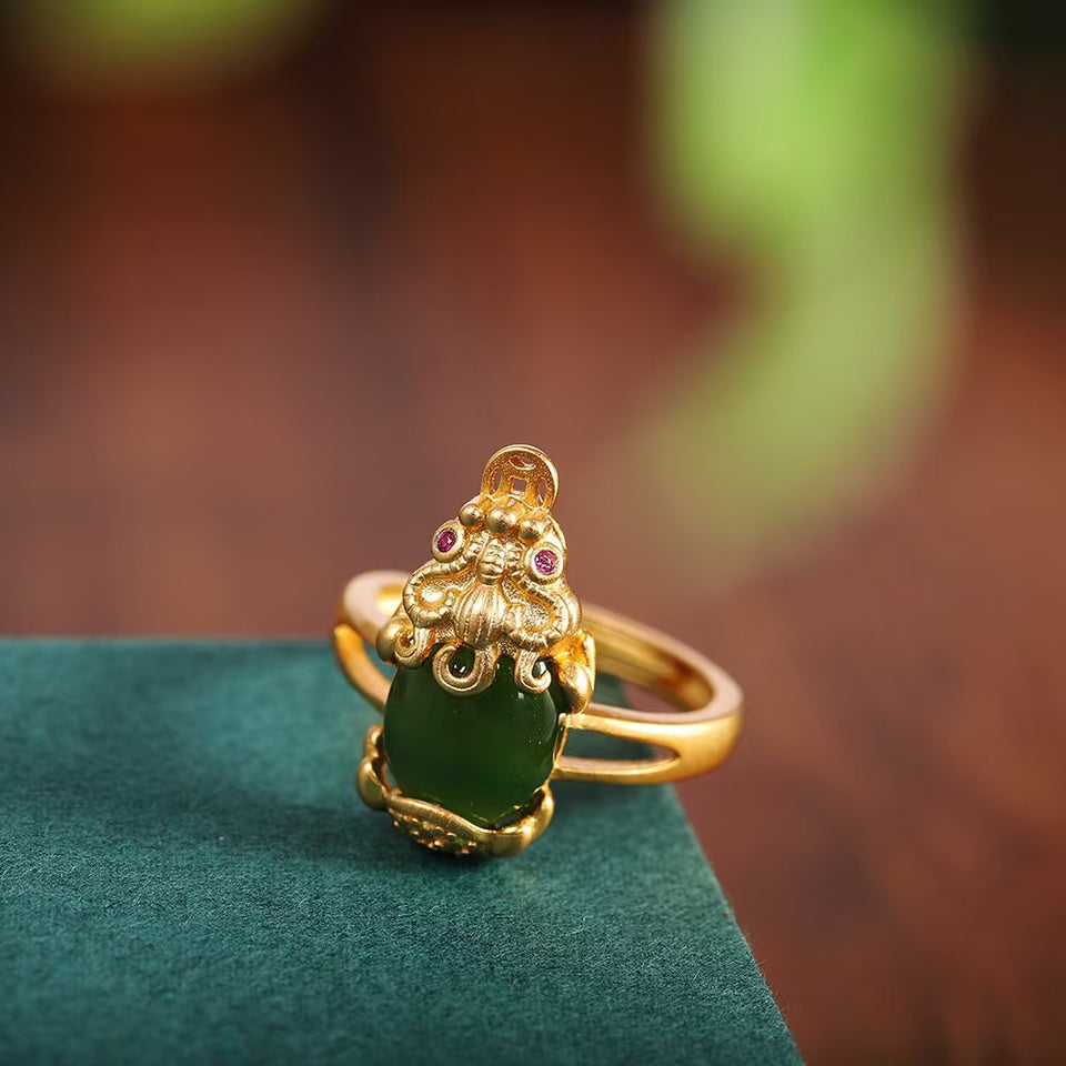 Guardian Prosperity Pixiu Green Jade Gold-Plated Silver Ring