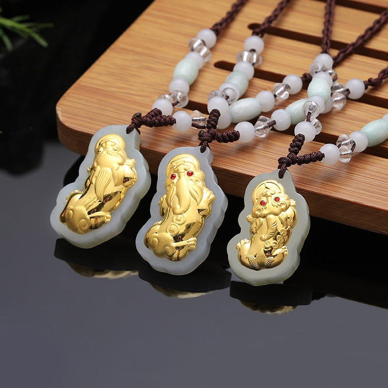 Goldener Pixiu Natur-Weißjade Glücksanhänger