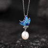 Natural Pearl Blue Enamel Butterfly Necklace-Peace and Harmony