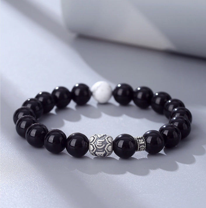 Six-Syllable Mantra 999 Fine Silver Obsidian Bracelet-Peaceful Blessing
