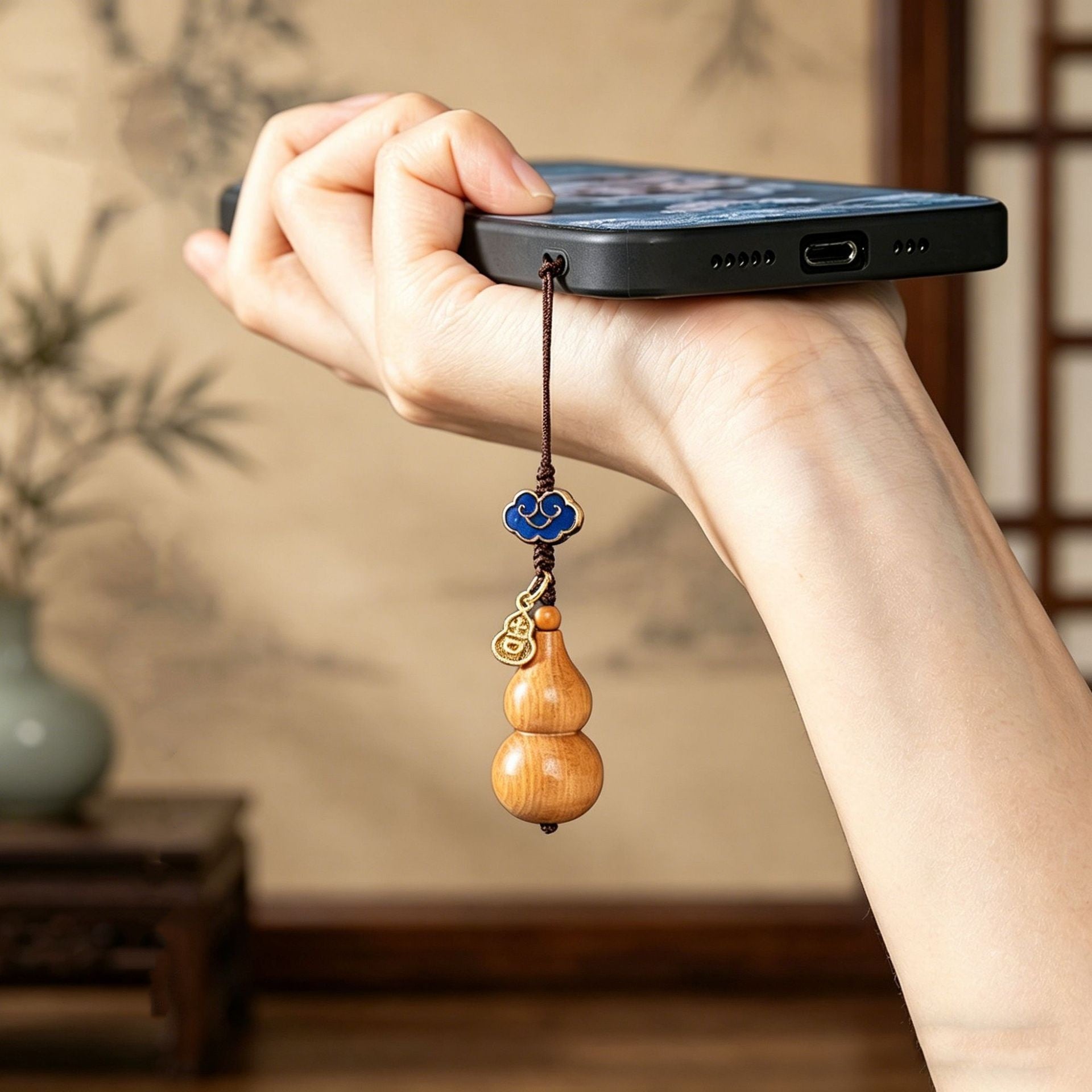 Sandalwood Gourd Lucky Charm Phone Strap-Cloisonné & 18K Gold Plated