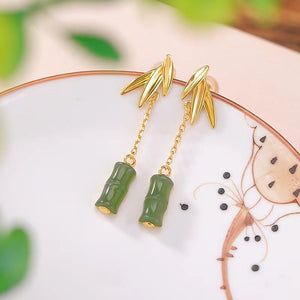 Green Nephrite Bamboo Drop Earrings-Prosperity Luck