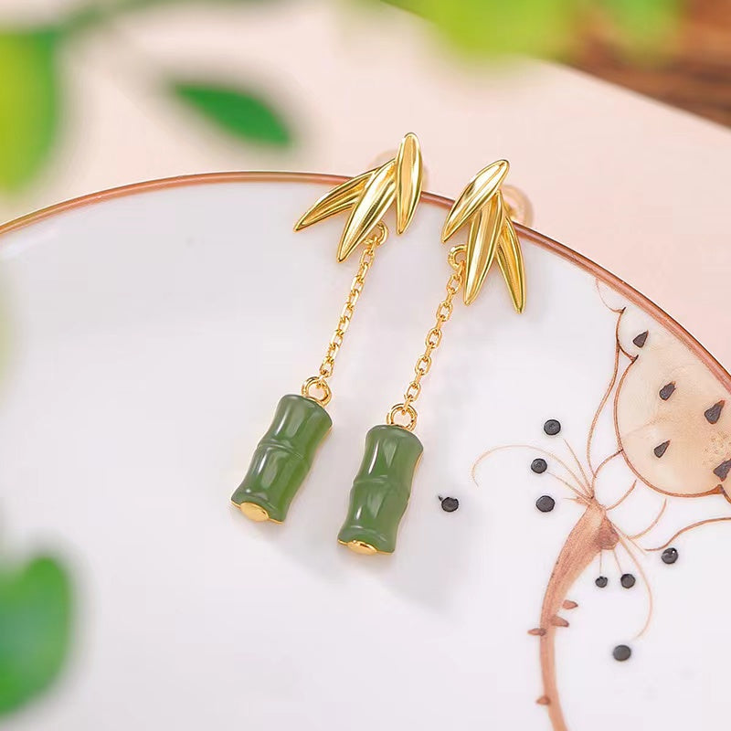 Green Nephrite Bamboo Drop Earrings-Prosperity Luck