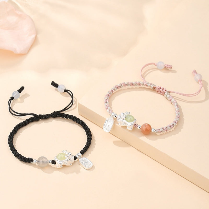 Pixiu Nephrite Jade Beaded Couple Cord Bracelet-Auspicious Protection