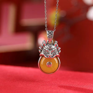 Zodiac Dragon Amber Silver Necklace-Luck Prosperity